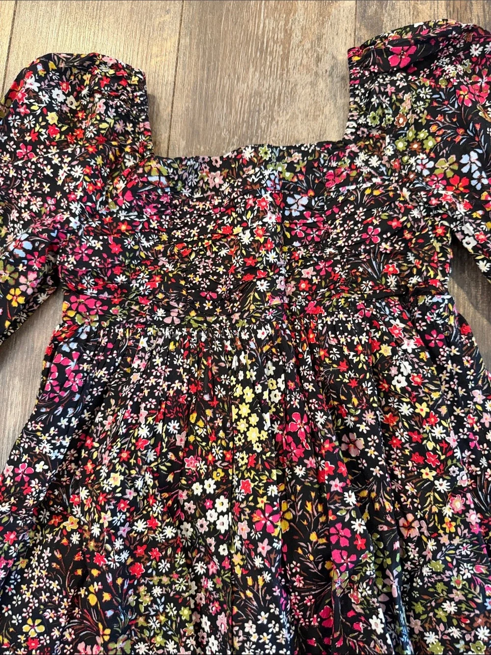 GAP Black Floral Long-Sleeve Smocked Dress